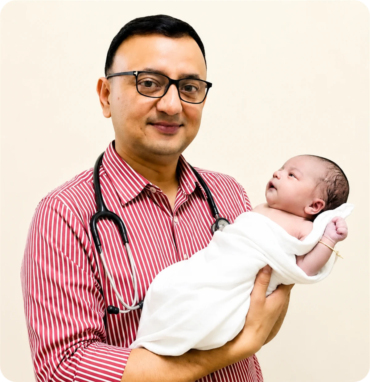 Dr. Sanjay Mazumder holding a newborn baby